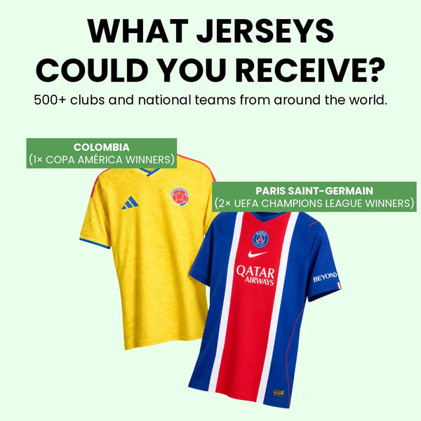 Example mystery football jerseys including Colombia national team and Paris Saint-Germain shirts from Mystery Jerseys.